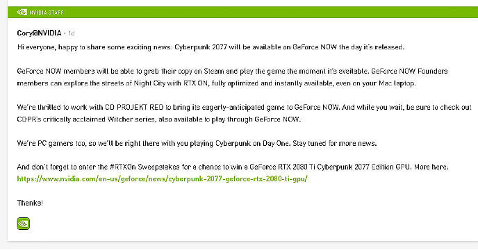 Cyberpunk 2077 на GeForce NOW, скриншот сообщения с форума