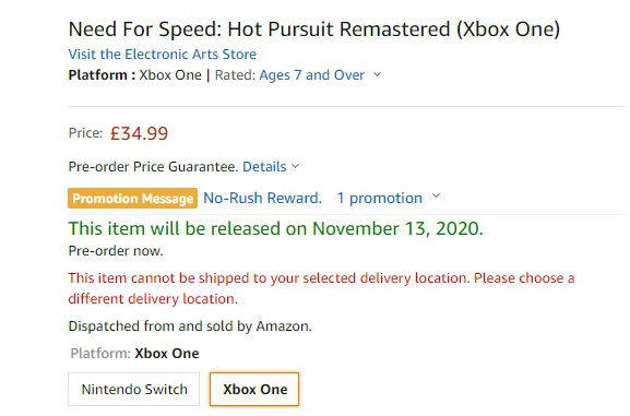 Страница Amazon с датой выхода Hot Pursuit Remastered