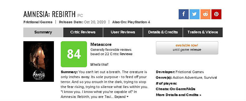 Оценки Amnesia Rebirth на Metacritic