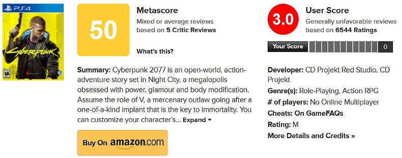 Оценки Cyberpunk 2077 на Metacritic (консольные версии)