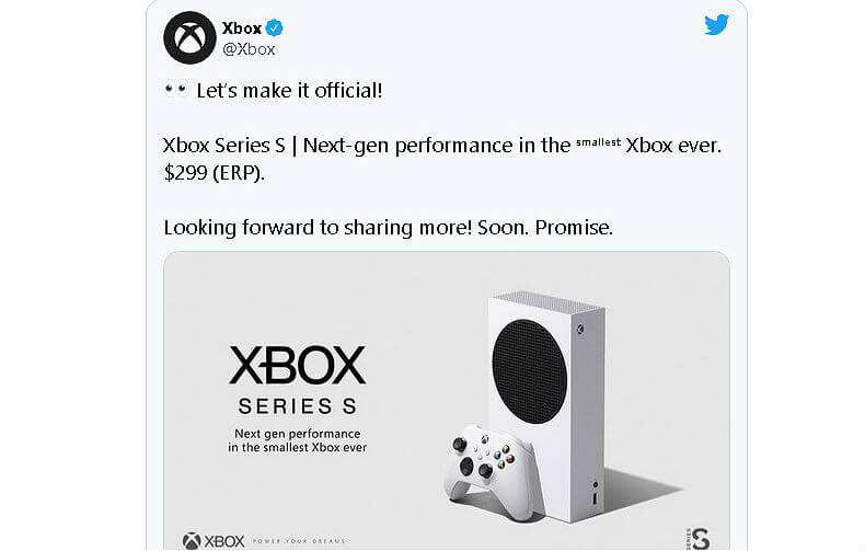 Microsoft показала Xbox Series S по цене 299 долларов в Твиттере